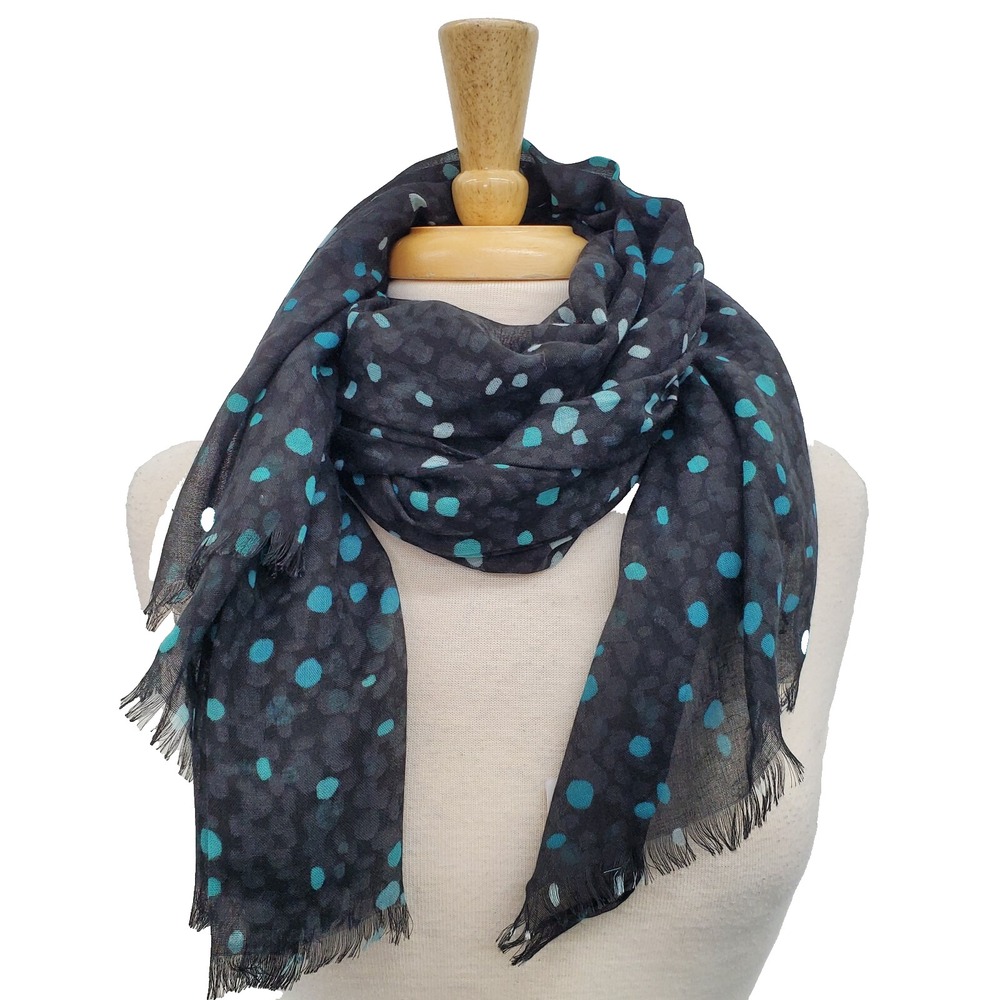 Thirty-One Womens Black Teal Polka-Dot Avenue Scarf Fringe Cool Confetti NWT